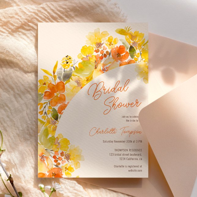 Fall boho yellow flowers script bridal shower invitation (Fall boho yellow flowers script bridal shower invitation)