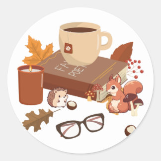 Fall book scene with cute creatures classic round sticker