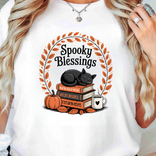 Fall Book Teacher Black Cat Books Halloween Autumn T-Shirt