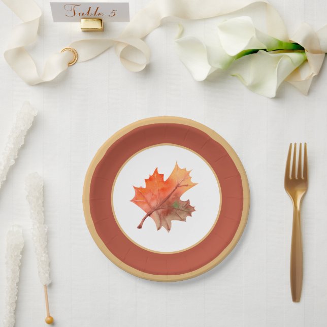 Fall Botanical Maple Leaves & Terracotta Stripe Paper Plate (Wedding)