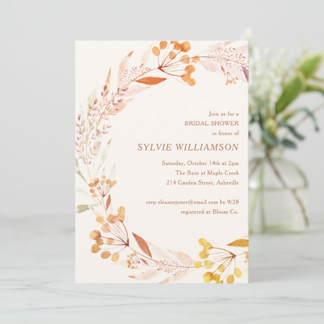 Fall Botanical Wreath Bridal Shower Boho Rust Gold Invitation (Standing Front)