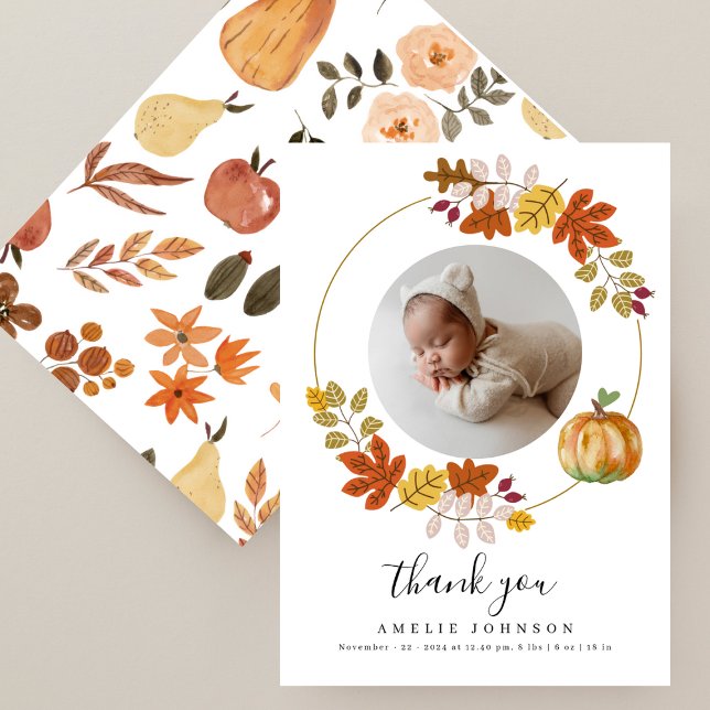 Fall Botanicals Pumpkin Baby Shower Photo Thank You Card (Creator Uploaded)