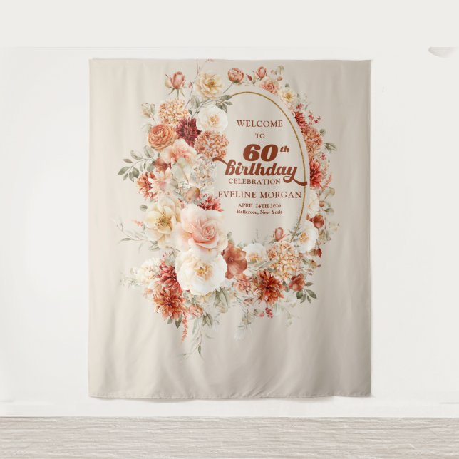 Fall bouquet terracotta blush groovy 60th birthday tapestry (Front)