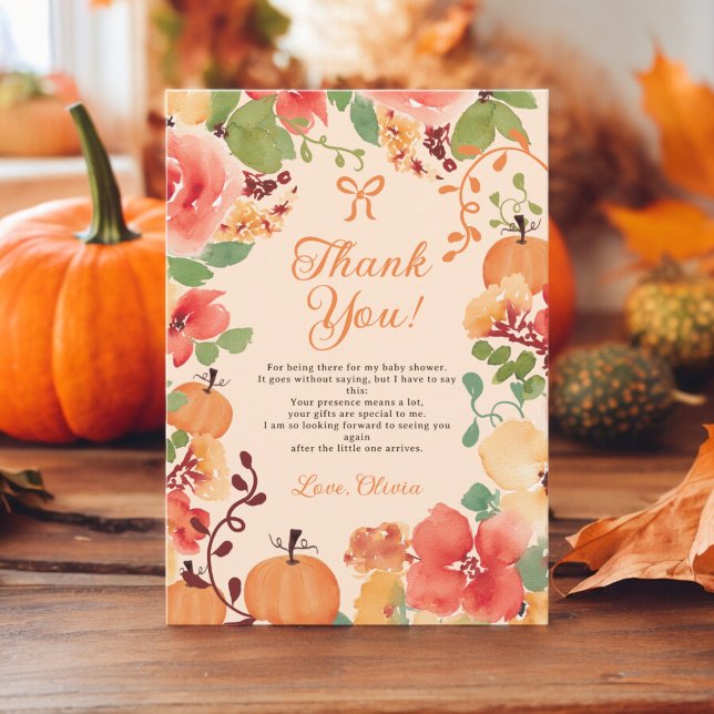 Fall Bow Boho pumpkin floral peach baby shower Thank You Card (Fall Bow Boho Little pumpkin floral baby shower Thank You Card on peach)