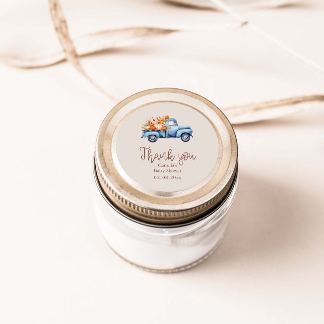 Fall Boy Baby Shower Blue Pumpkin Truck  Classic Round Sticker (Creator Uploaded)