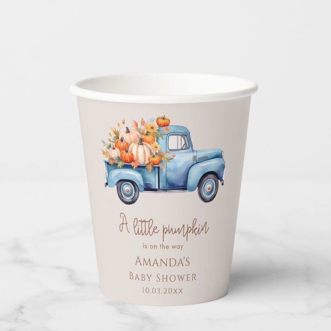Fall Boy Baby Shower Blue Pumpkin Truck  Paper Cups (Front)