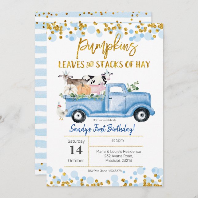 Fall Boy Farm Blue Pumpkin Truck Birthday Invitation (Front/Back)