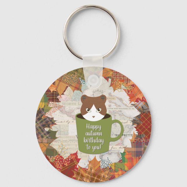 Fall Break Cat Metal Circle Key Ring (Front)