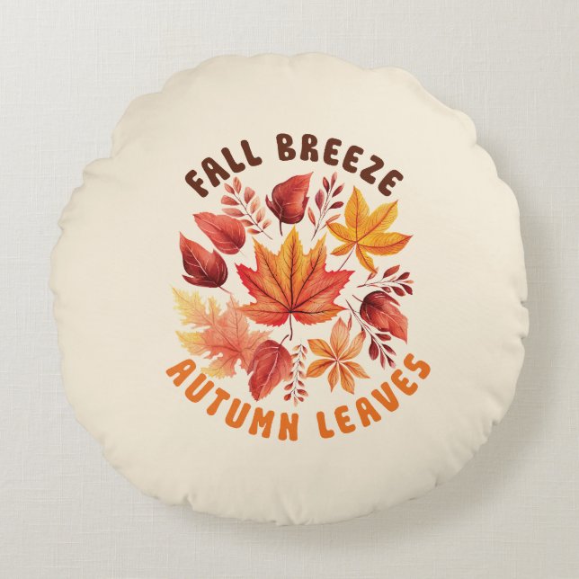 Fall Breeze, Autumn Leaves –Whimsical Fall Foliage Round Cushion (Front)