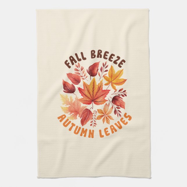 Fall Breeze, Autumn Leaves –Whimsical Fall Foliage Tea Towel (Vertical)