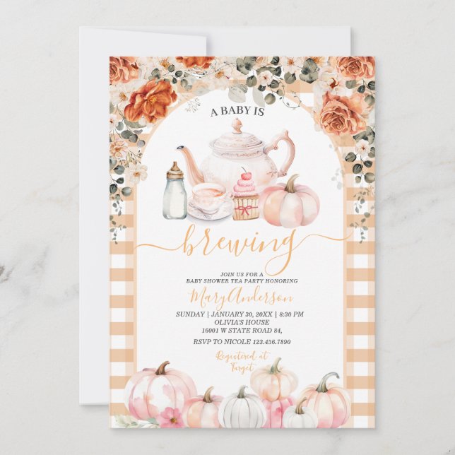 Fall Brewing Pink Floral Tea Party Baby Shower Invitation (Front)