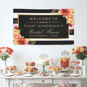 Fall Bridal Shower Autumn Gold Red Floral Stripes Banner