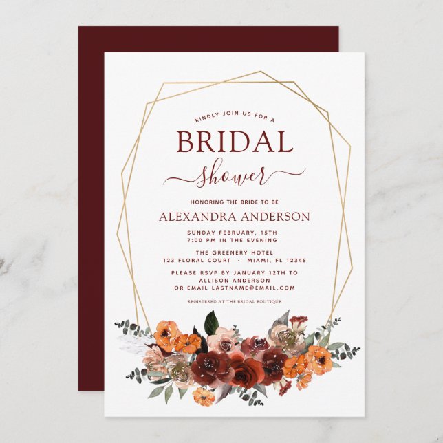 Fall Bridal Shower Burgundy Eucalyptus Floral Invitation (Front/Back)