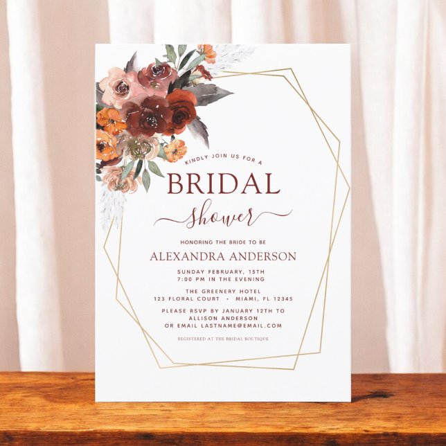 Fall Bridal Shower Burgundy Gold Floral Invitation (Creator Uploaded)