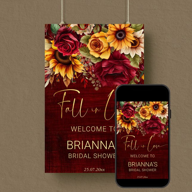 Fall bridal shower burgundy welcome sign (Fall in love bridal shower burgundy welcome sign editable template poster digital download)