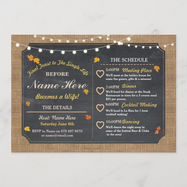 Fall Bridal Shower Chalk Itinerary Bachelorette Program (Front)