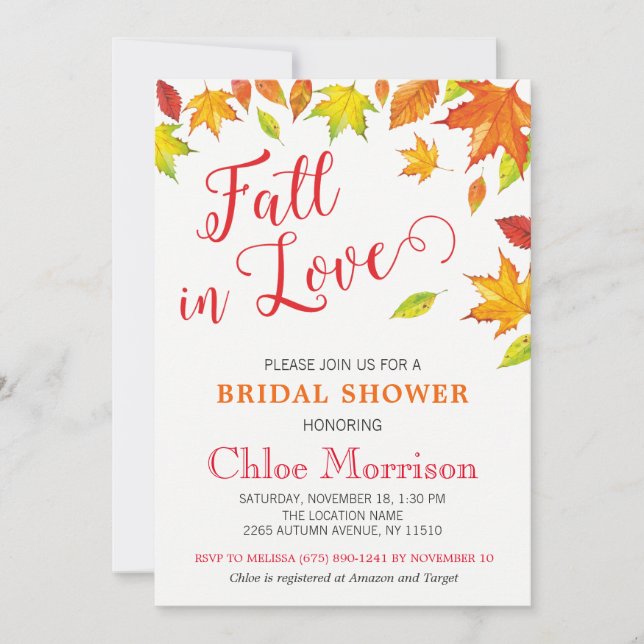 Fall Bridal Shower Invitation, Autumn Fall in Love Invitation (Front)
