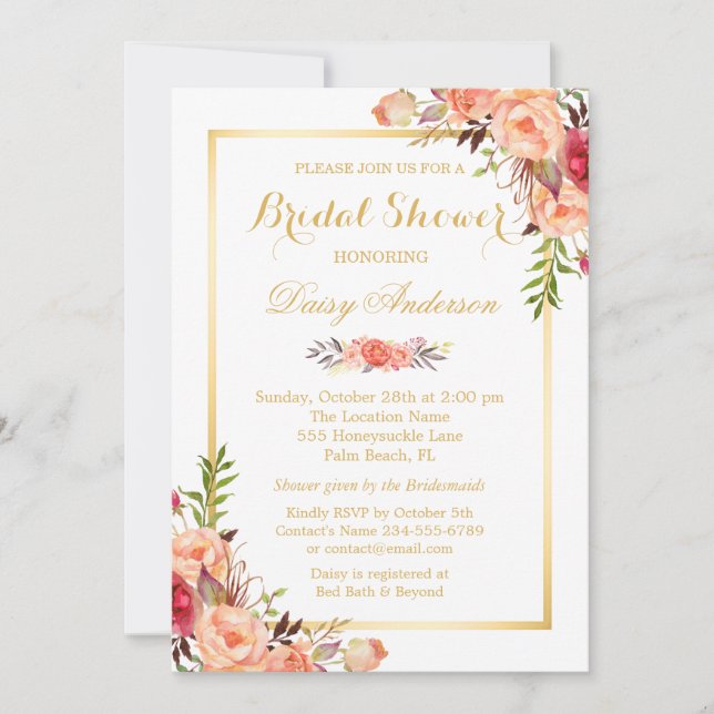 Fall Bridal Shower Rustic Orange Floral Chic Gold Invitation (Front)