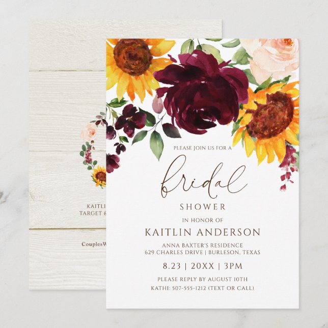 Fall Bridal Shower Sunflower Roses Burgundy Red Invitation (Front/Back)