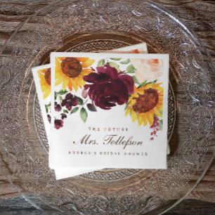 Fall Bridal Shower Sunflower Roses Burgundy Wine Napkin