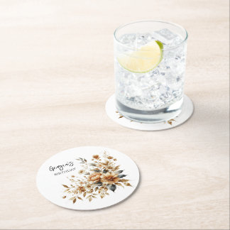 Fall Brown Floral Elegant Birthday Party Round Paper Coaster