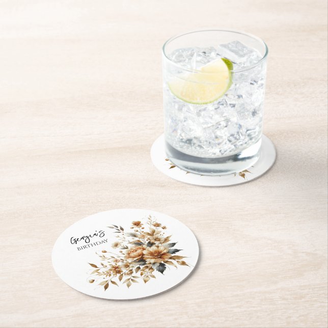Fall Brown Floral Elegant Birthday Party Round Paper Coaster (Insitu)
