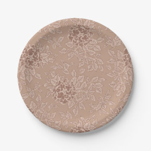 Fall Brown Hydrangea Flowers and Leaves Paper Plate