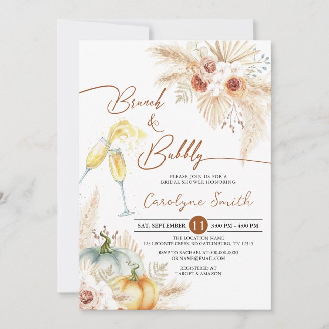 Fall Brunch and Bubbly Boho Pumpkin Bridal Shower Invitation (Front)