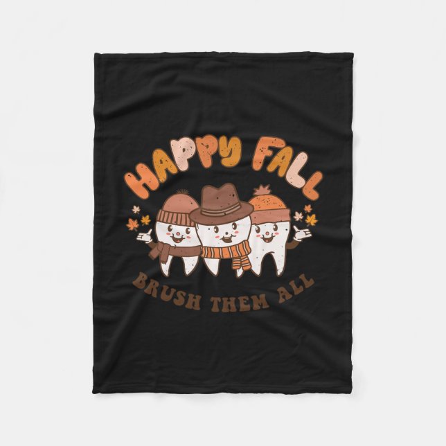Fall Brush Them All Dentist Teeth Thanksgiving Squ Fleece Blanket (Front)