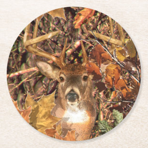 Fall Buck in Camo White Tail Deer Round Paper Coaster