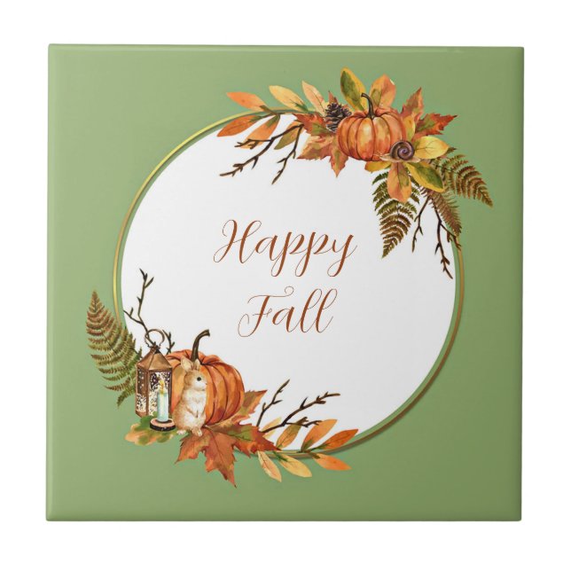 Fall bunny and pumpkins with customisable text  ceramic tile (Front)