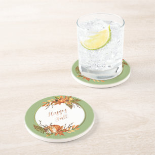 Fall bunny and pumpkins with customisable text coaster