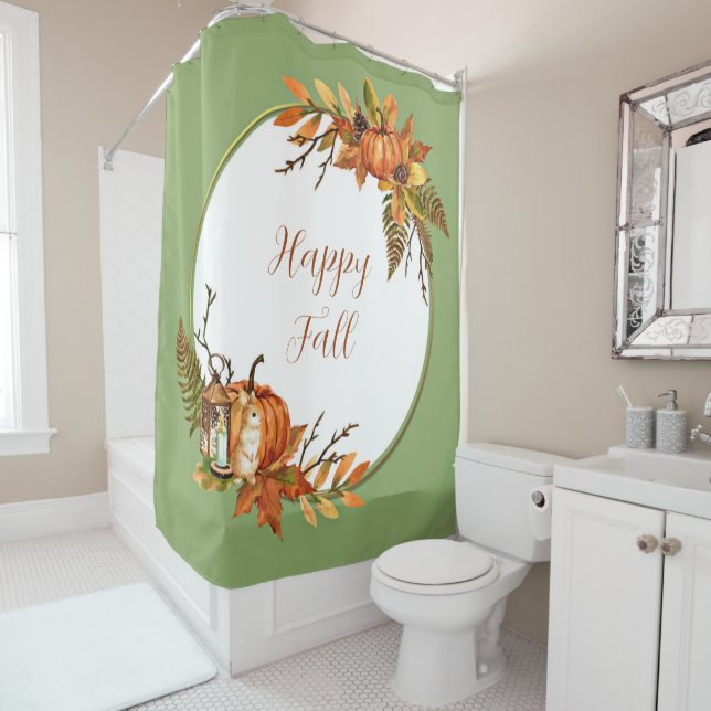 Fall bunny and pumpkins with customisable text  shower curtain (In Situ)