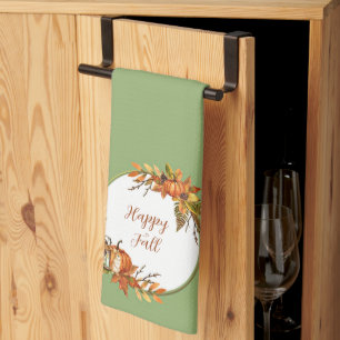 Fall bunny and pumpkins with customisable text  tea towel