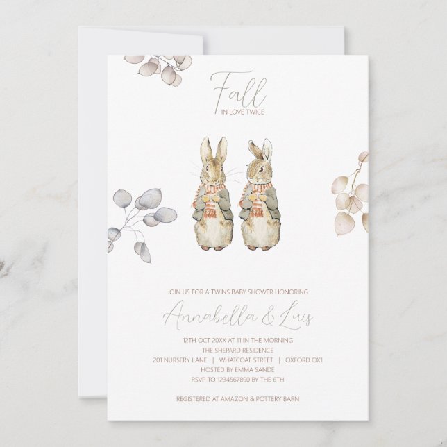 Fall Bunny Rabbit Twins Baby shower Invitation (Front)