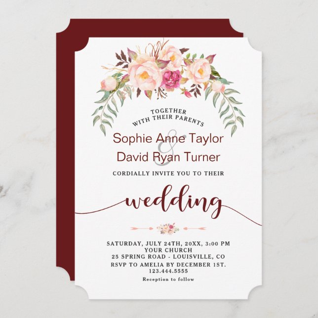 Fall Burgundy Blush Floral Handwriting Wedding Invitation (Front/Back)