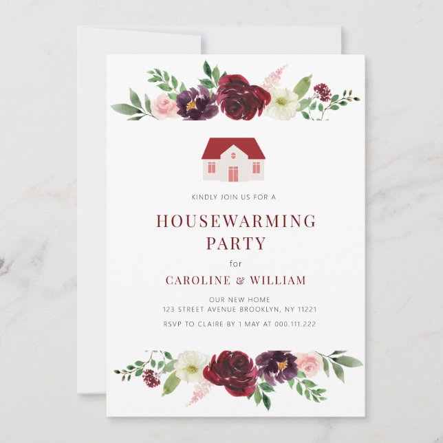 fall burgundy blush floral housewarming invitation (Front)