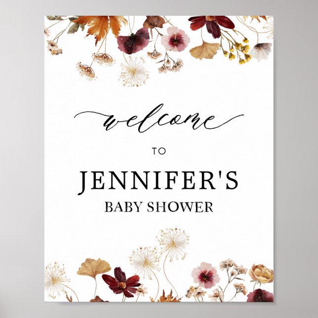Fall Burgundy Boho Floral Baby Shower Welcome Sign (Front)