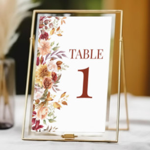 Fall Burgundy Brown Beige Floral Flower Wedding Table Number