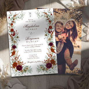 Fall Burgundy Burnt Orange Florals Photo Wedding Invitation