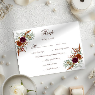 Fall Burgundy & Burnt Orange Rust Florals Wedding RSVP Card