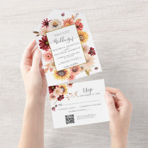 Fall Burgundy Dahlia Floral Gold QR RSVP Wedding All In One Invitation