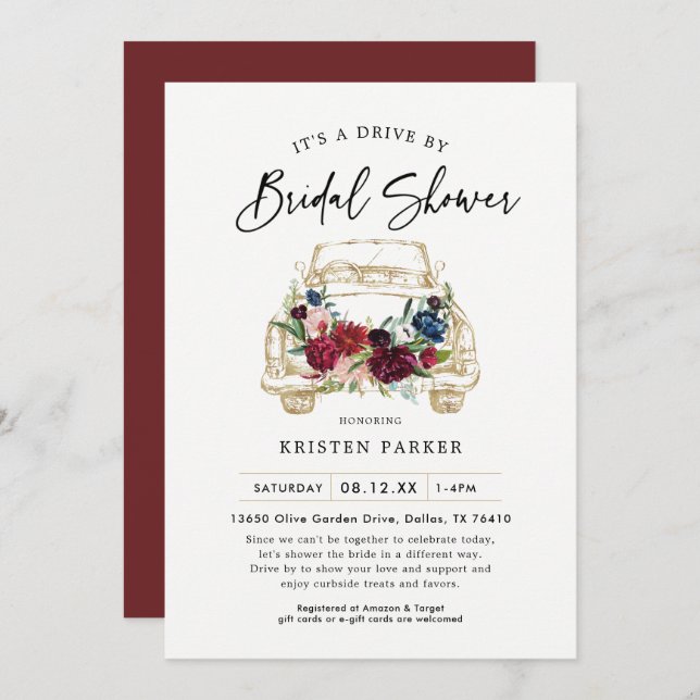 Fall Burgundy Drive By Bridal Shower Invitation (Front/Back)