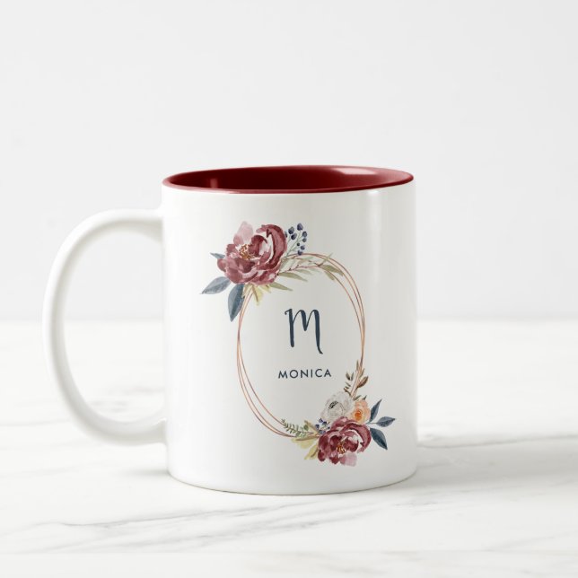 Fall Burgundy Floral and Rose Gold | Monogram Two-Tone Coffee Mug (Left)