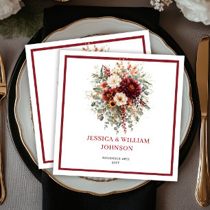 Fall Burgundy Floral Boho Greenery Wedding Napkins