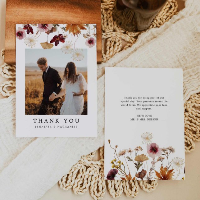 Fall Burgundy Floral Boho Wedding Photo Thank You Card (Fall Burgundy Floral Wedding Thank you Card)