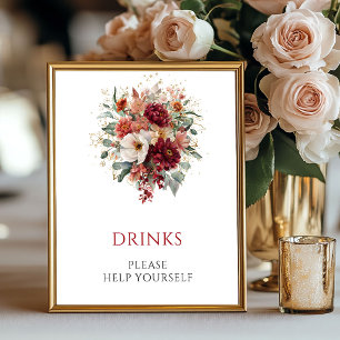 Fall Burgundy Floral Drinks Wedding Tabletop Poster