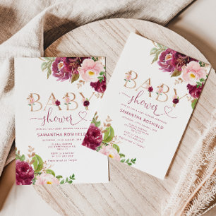 Fall burgundy floral girl baby shower invitation