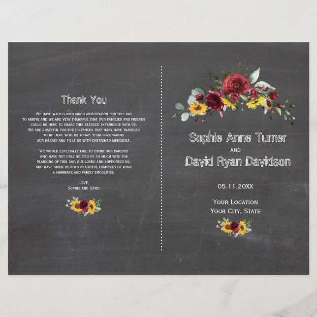Fall Burgundy Floral Sunflowers Chalkboard Program Flyer (Front)