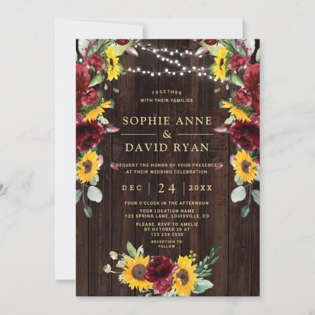 Fall Burgundy Floral Sunflowers Wood Barn Wedding Invitation (Front)